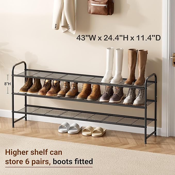 KEETDY 3-Tier Long Shoe Rack for Closet Metal Shoe Organizer for Entryway, Wide Stackable Shoe Storage Shelf with Sturdy Wire