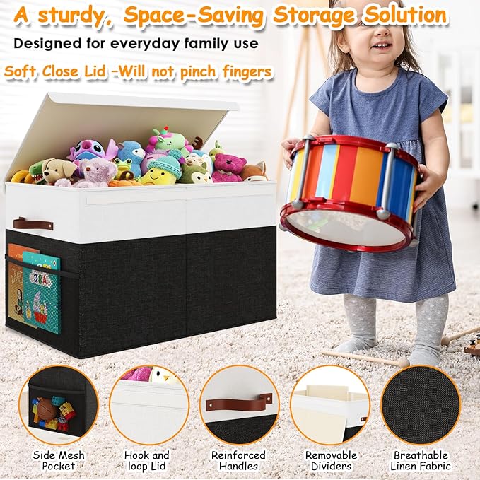 Large Toy Storage Box with Lid Upgraded Toy Storage Chest Organizer with Divider Foldable Toy Bin for Kids Boys Girls Playroo