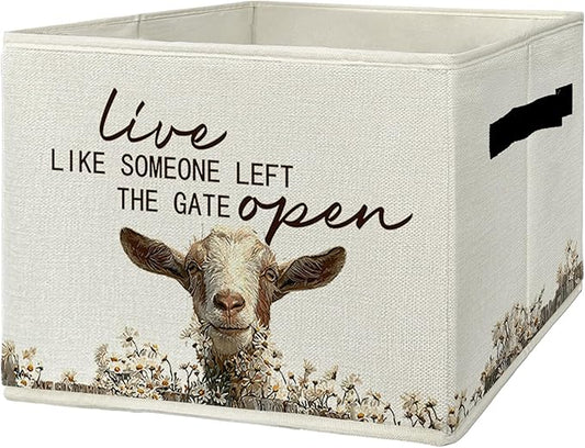 Rustic Goat Storage Bins & Boxes with Handles, Farmhouse Goat Foldable Basket for Organizing, Live Like Someone Left the Gate