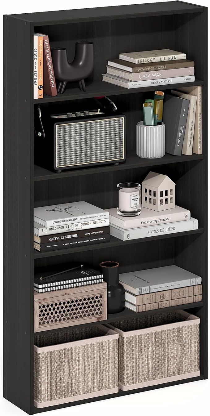 Furinno Basic Book Shelf, 5-Tier Bookshelf, Storage Organizer Bookcase with Open Shelf, 7 x 24 x 44, for Living Room, Bedroom