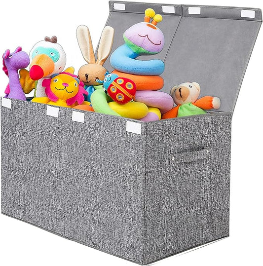 popoly Large Toy Box Storage with Lid, Collapsible Sturdy Toy Chest Storage Bin Box with Rivets Handles for Kids, Boys, Girls
