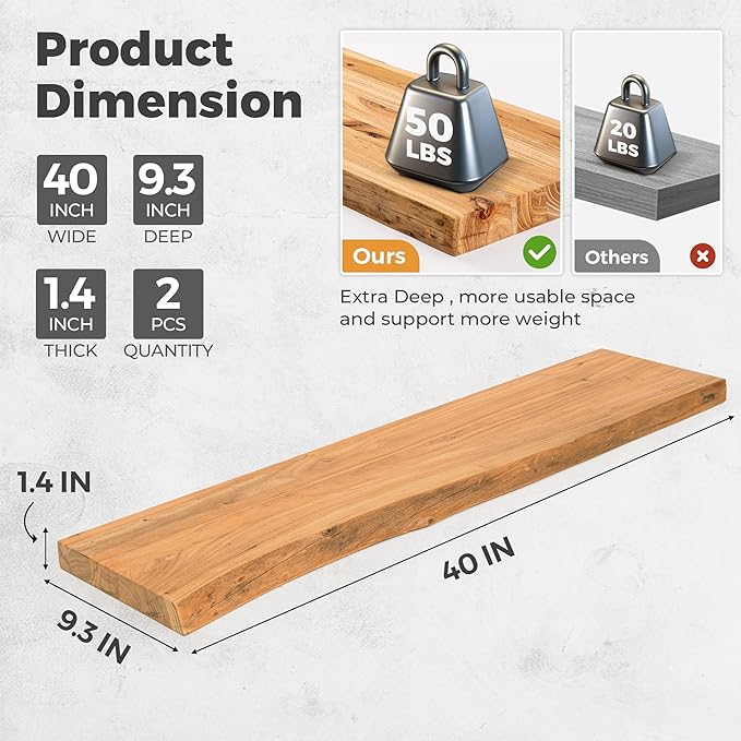 RICHFOCUS Live Edge Elm Floating Shelves - 40" W x 9.3" D Rustic Solid Wood Wall Shelves with Invisible Bracket, Wall-Mounted