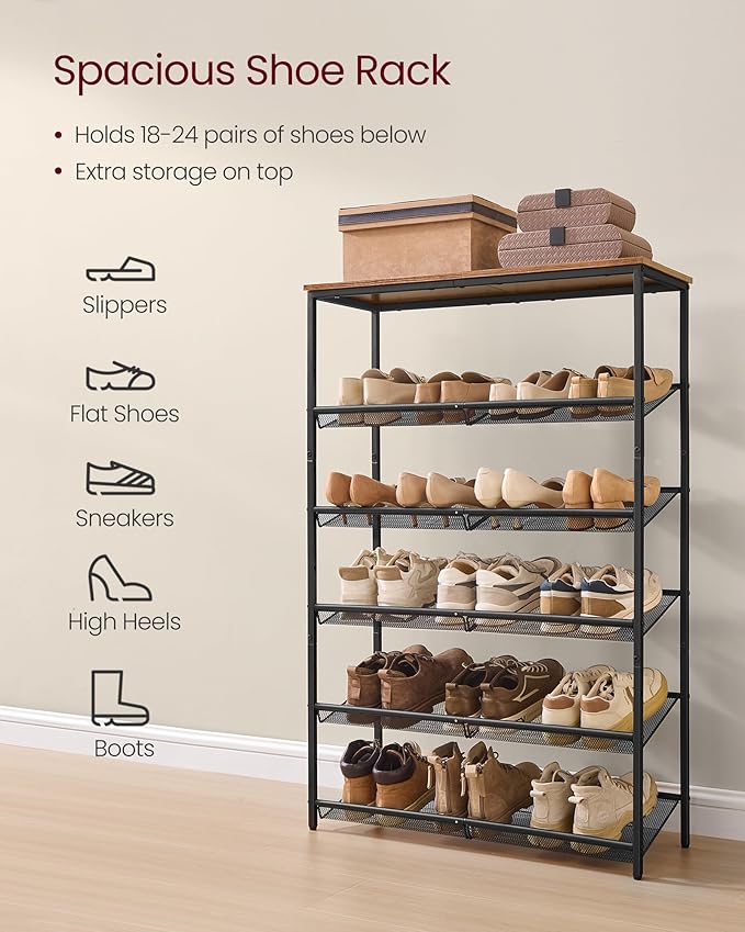 VASAGLE Shoe Rack for Entryway, 6-Tier Shoe Rack Organizer with Storage Shelves and Spacious Top, Freestanding, Adjustable, I