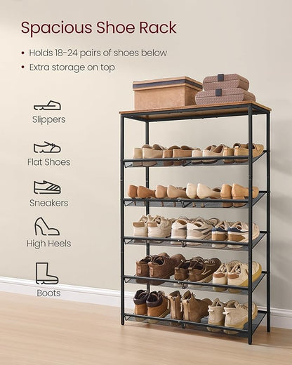 VASAGLE Shoe Rack for Entryway, 6-Tier Shoe Rack Organizer with Storage Shelves and Spacious Top, Freestanding, Adjustable, I