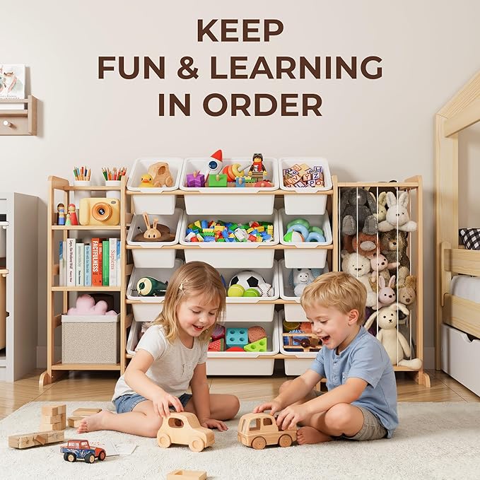 Toy Storage Organizer with Bookshelf and Stuffed Animal Storage - Kids Playroom Organization with Shelves and 12 Toy Bins - T