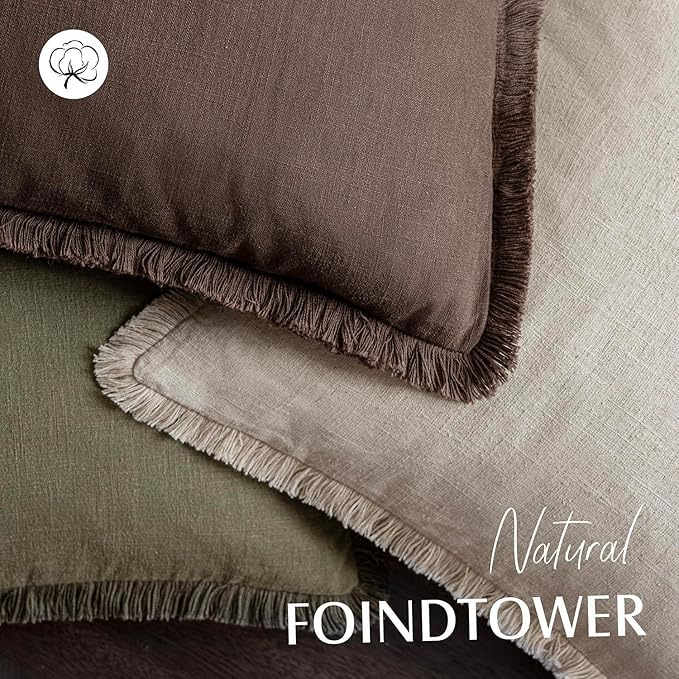 Foindtower Set of 2 Decorative Linen Fringe Throw Pillow Covers Boho Farmhouse Cushion Cover with Tassels Soft Accent Pillowc