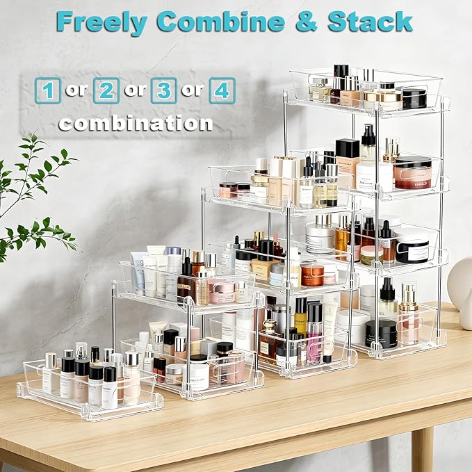 2 Tier Under Sink Organizer Bathroom Organizers and Storage, Clear Stackable Bathroom Cabinet Organizer, Multipurpose Pull-Ou