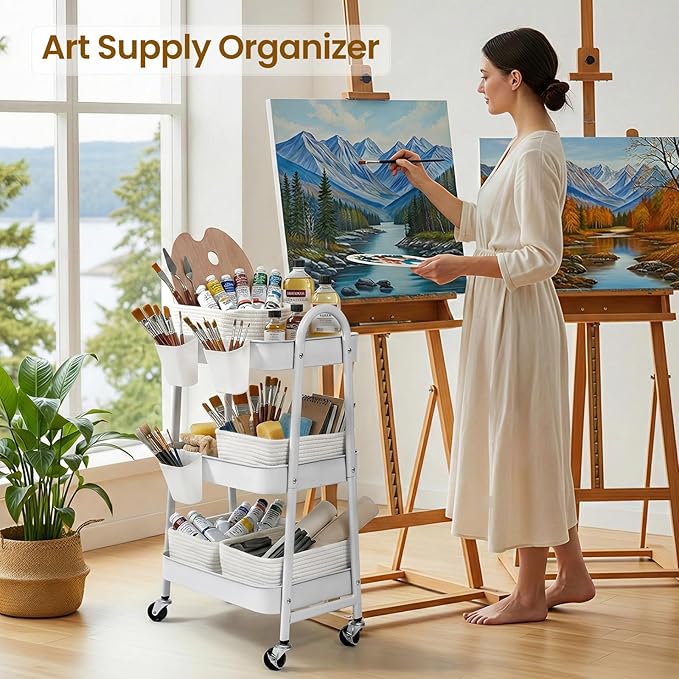 3-Tier Rolling Utility Cart with 4 Woven Baskets, Diaper Book Snack Cart, Storage Organizer for Nursery, Kitchen, Craft Room,