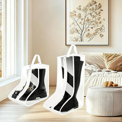 Clear Boot Bags for Cowboy Boots Tall Boot Storage Organizer with Handle Transparent Shoe Dust Covers for Travel Riding Leather & Snow Boots (White-4Big)