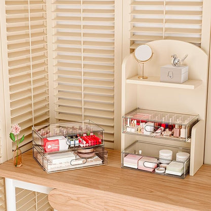 2 Pack Clear Makeup Storage Drawer, 12''W Stackable Bathroom Organizers and Storage Drawer, Acrylic Cosmetic Display Case For