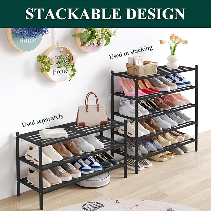 Smiry Long Bamboo Shoe Rack 5-Tier, Stackable Wooden Shoe Organizer for Entryway & Closet, Free Standing Wood Shoe Storage Sh