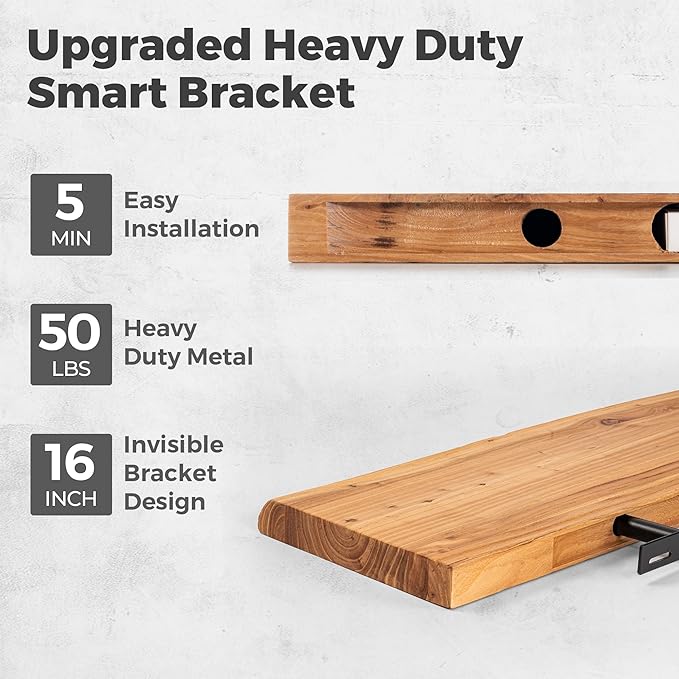 RICHFOCUS Live Edge Elm Floating Shelves - 40" W x 9.3" D Rustic Solid Wood Wall Shelves with Invisible Bracket, Wall-Mounted