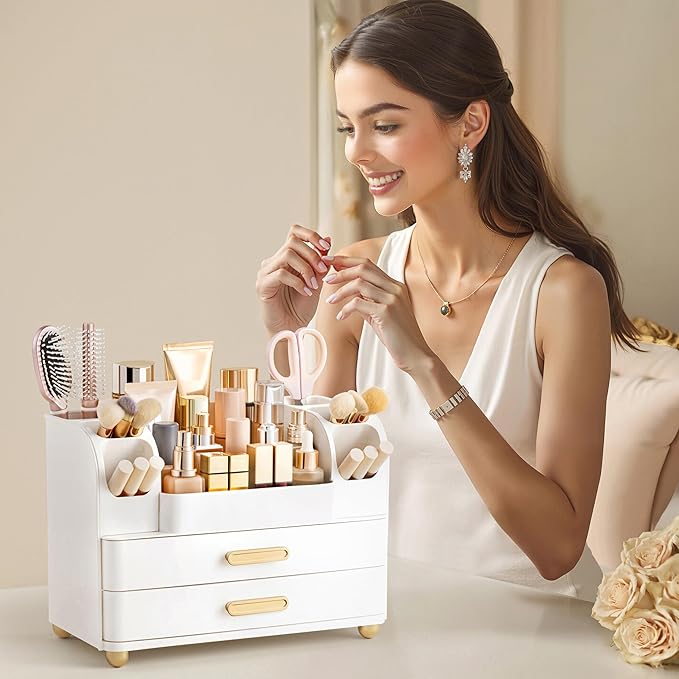HBlife Makeup Organizer for Vanity with Brush Holder, Large Bathroom Countertop Cosmetic Organizer Skin Care Storage, Easy to