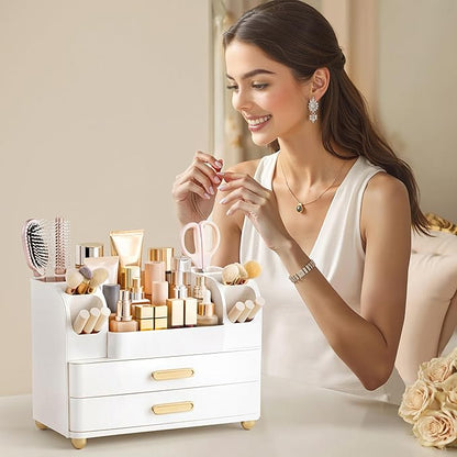 HBlife Makeup Organizer for Vanity with Brush Holder, Large Bathroom Countertop Cosmetic Organizer Skin Care Storage, Easy to