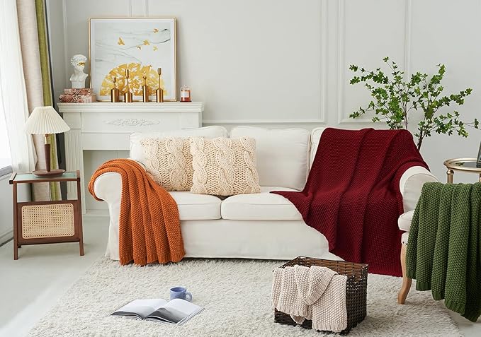 Chunky Cable Knit Throw Blanket Lightweight Wine red 100% Organic Cotton Blanket for Sofa Couch Bed Baby Nursery, Rustic Shab