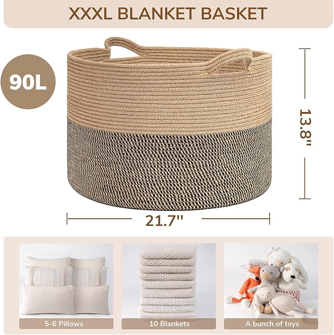 INDRESSME Extra Large Woven Baskets for Storage, 21.7 x 13.8 Blanket Basket Living Room Wicker Storage Basket for Organizing 