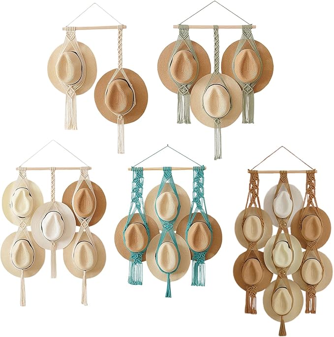 Tissting Macrame Hat Hanger 7 Styles Wall Mounted Organizer - Boho Home Decor Storage Solution for Wide Brim Hats Caps Displa