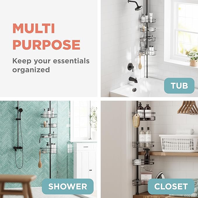 Zenna Home Tension Pole Shower Caddy Corner Organizer, Adjustable Standing Shower Caddy with 4 L-shaped Baskets and Hooks, Ru