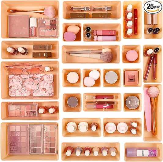 Vtopmart 25 PCS Plastic Drawer Organizers Set, 4-Size Versatile Bathroom and Vanity Drawer Organizer Trays, Storage Bins for 