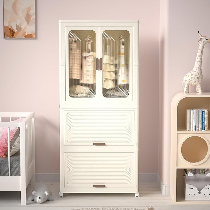 Montary Portable Kids Closet Storage Organizer for Clothes, Children's Wardrobe Closet with Magnetic Doors, Plastic Baby Ward