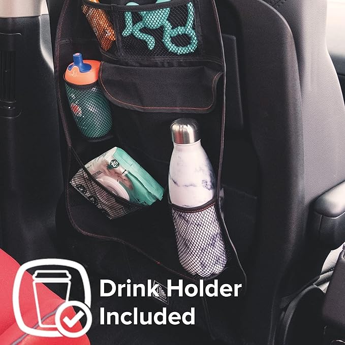 Diono Stow 'n Go Car Back Seat Organizer for Kids, Kick Mat Back Seat Protector, With 7 Storage Pockets, 2 Drinks Holders, Wa