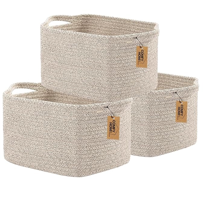 COMFY-HOMI 3PACK Cotton Rope Woven Basket With Handles for Shelves, Toy, Book, Cloth Storage Basket for Organizing|13.5" x 11