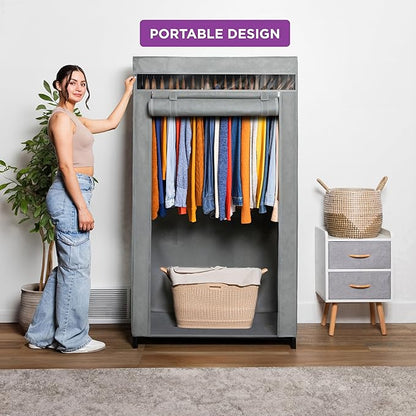 HOLDN’ STORAGE Portable Wardrobe Closet - 50 lb Capacity, Internal Heavy Duty Metal Rod, Zipper & Clear Window, Durable Cloth