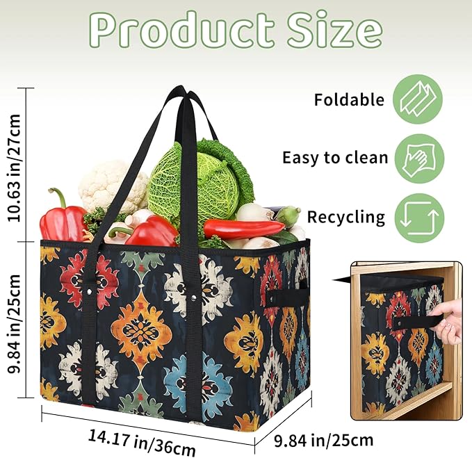 Reusable Grocery Bag, Foldable Large Shopping Tote Bag for Groceries Kitchen Picnic Car Trunk