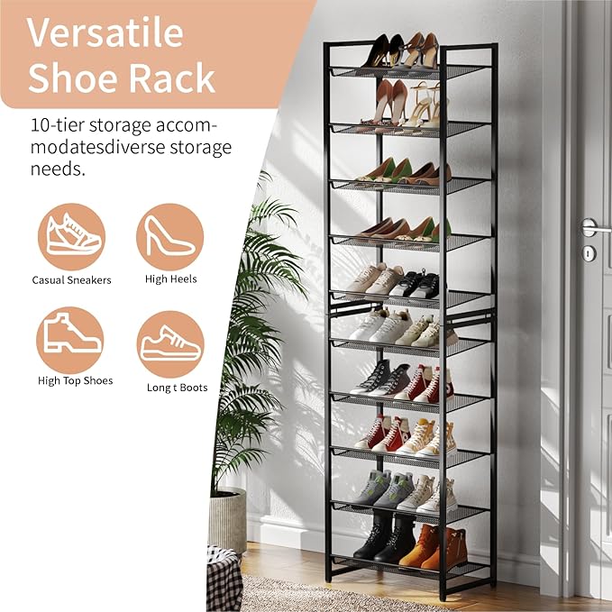 10 Tier Shoe Rack, Tall Metal Shoe Storage with Adjustable Shelves, Holds 20-25 Pairs, Stackable Shoe Stand for Garage Hallwa