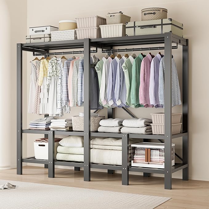 Heavy Duty Clothes Rack with Cover, Portable Wardrobe Closet with Magnetic Door & Black Steel Frame, Foldable Freestanding Ga