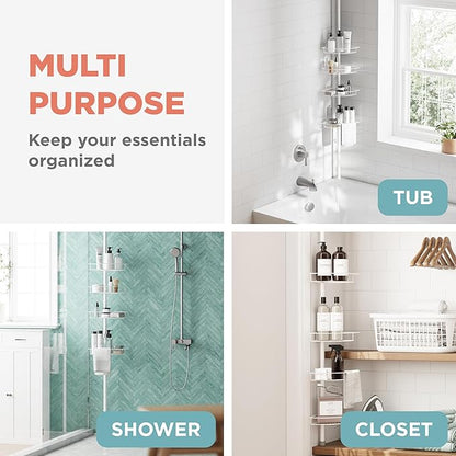 Zenna Home Tension Pole Shower Caddy Corner Organizer, Adjustable Standing Shower Caddy with 4 Baskets and Built in Towel Bar