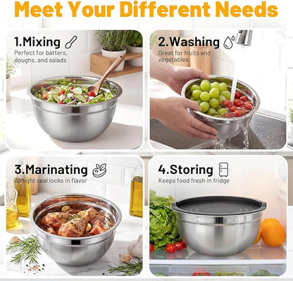 Beasea Stainless Steel Mixing Bowl Set of 3, 2 QT Stackable Metal Mixing Bowls with Lids for Baking, Prepping, Serving, Stainless Nesting Bowl with Black Lids for Kitchen, Salad, Dough