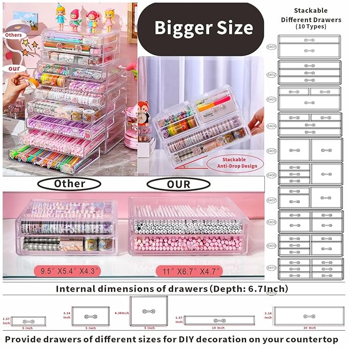 Cq acrylic Makeup Organizers with 4 Drawers,Rectangular Office Stationery Supplies Plastic Clear Storage Containers,Stackable
