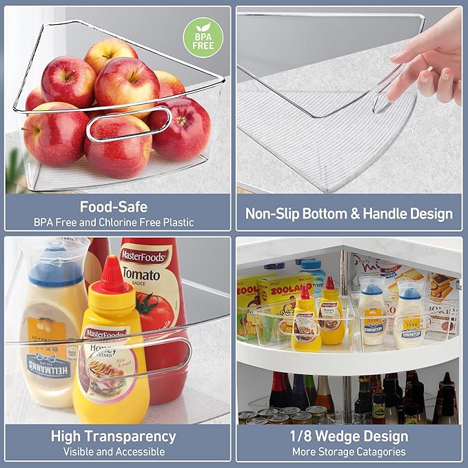 Leeden Lazy Susan Organizer for 26" Diameter Corner Lazy Susan, Plastic Kitchen Cabinet Storage Bins with Handle, 4 Packs, 1/