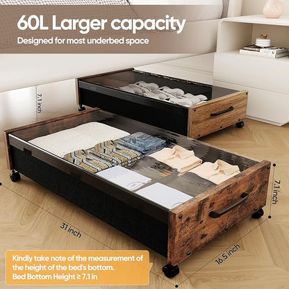 KITHELP Under Bed Storage with Wheels, Wooden Under Bed Drawers 2 Packs, Rolling Underbed Storage Containers Organizer with H