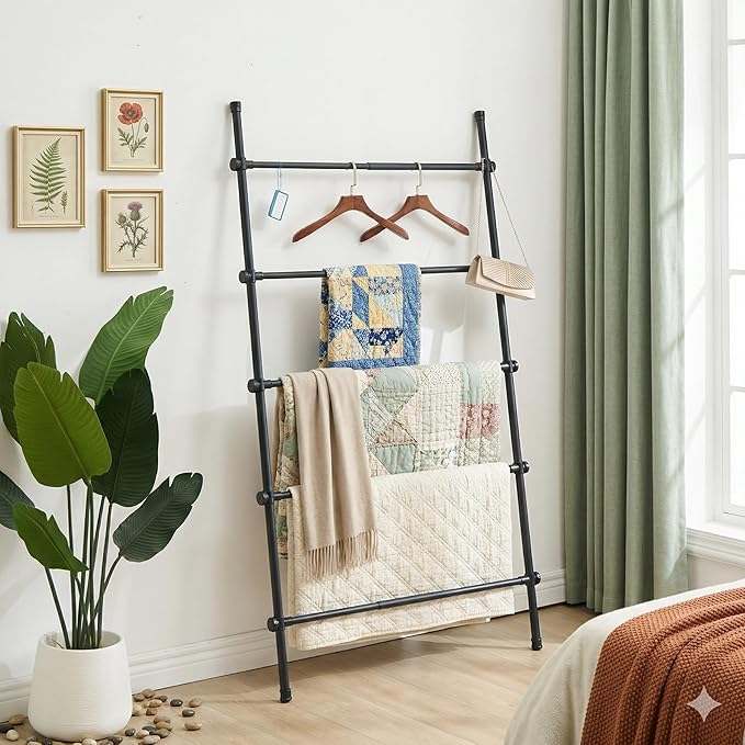 Blanket Ladder Black Expandable Width (17.3-32.3 inch) 5.4 Ft Tall 5 Rungs Metal Quilt Holder Rack Wall Leaning Strong Load C