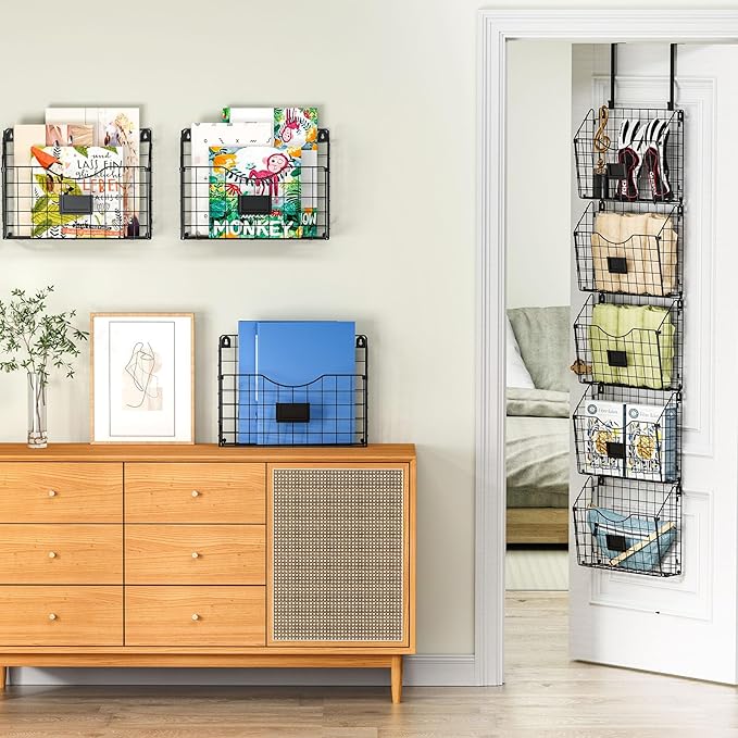 X-cosrack 3-Tier Hanging Wall Files Rack with Door Hooks and 6pcs S Shape Hooks, Over the Door File Organizer &Mounts on Wall