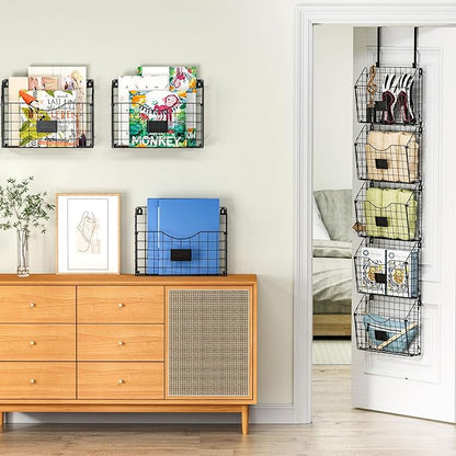 X-cosrack 3-Tier Hanging Wall Files Rack with Door Hooks and 6pcs S Shape Hooks, Over the Door File Organizer &Mounts on Wall