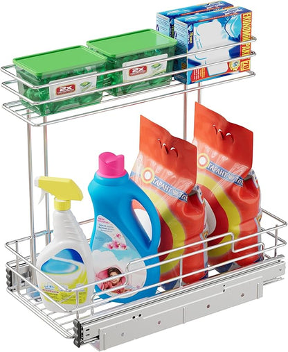 Under Sink Organizer 9" W X17 D, Pull Out Cabinet Organizer 2 Tier, Under Sink Slide Out Chrome Plated, Under Kitchen Bathroo