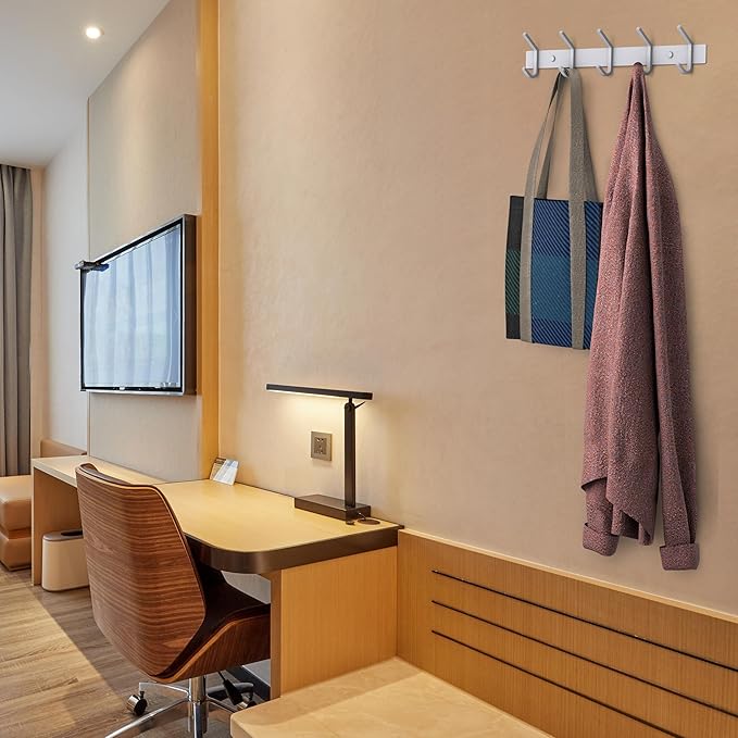 White Coat Rack Wall Mount – 15 Inch Stainless Steel Hook Rail with 5 Heavy Duty Double Coat Hooks – Wall Mounted Coat Hanger
