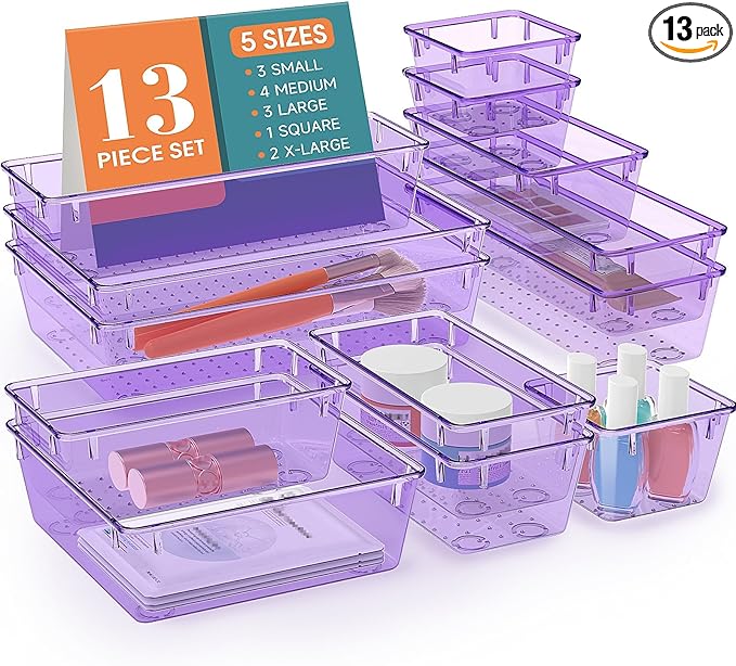 StorMiracle 13 PCS Drawer Organizer Set, 5 Varied Size Bathroom and kitchen Drawer cabinet organizer Trays, Clear Storage Bin