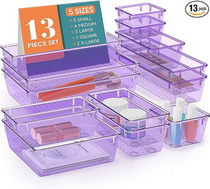 StorMiracle 13 PCS Drawer Organizer Set, 5 Varied Size Bathroom and kitchen Drawer cabinet organizer Trays, Clear Storage Bin