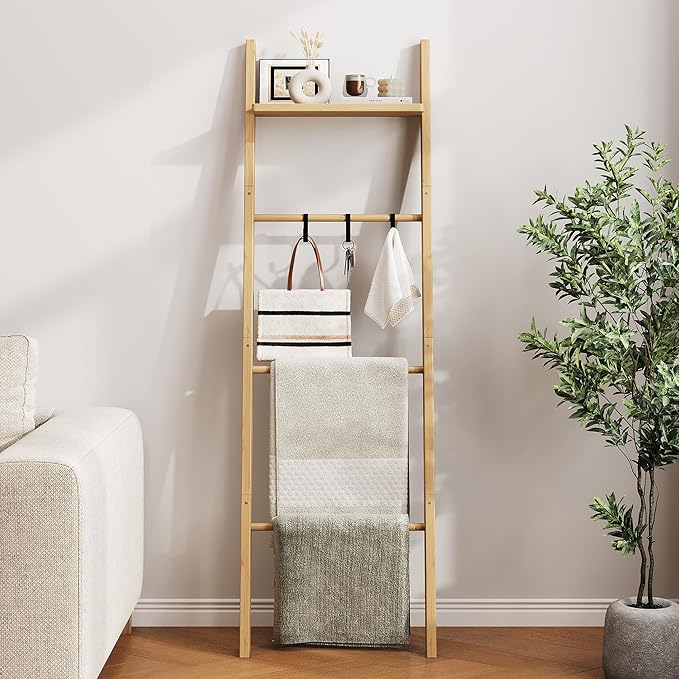 63" Bamboo Blanket Ladder with Shelf and 5 Hooks, 4 Tier Leaning Blanket Rack, Farmhouse Towel Ladder Rack, Decorative Quilt 