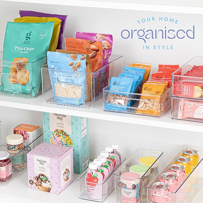 Plastic Food Storage 4 Pack Clear Container Bin with Handles for Organizing Kitchen, Pantry, Fridge, Freezer, Pantry,Bathroom