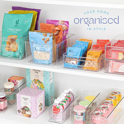 Plastic Food Storage 4 Pack Clear Container Bin with Handles for Organizing Kitchen, Pantry, Fridge, Freezer, Pantry,Bathroom