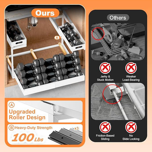 Upgrade 1 Pack Expandable Under Sink Organizers and Storage, 2 Tier Metal Pull Out Cabinet Organizer with 3 Slide Rails, Adju