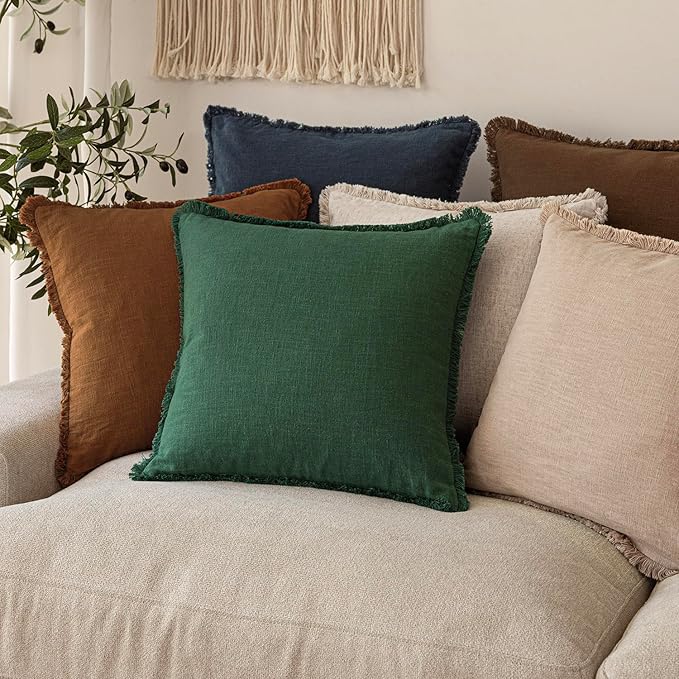 Foindtower Set of 2 Decorative Linen Fringe Throw Pillow Covers Cozy Boho Farmhouse Cushion Cover with Tassels Soft Accent Pi