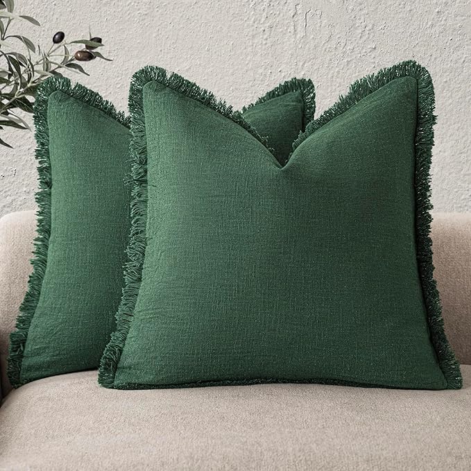 Foindtower Set of 2 Decorative Linen Fringe Throw Pillow Covers Cozy Boho Farmhouse Cushion Cover with Tassels Soft Accent Pi