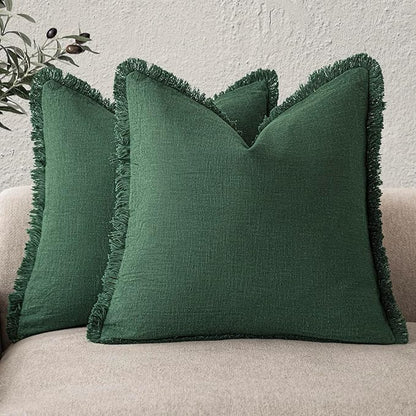 Foindtower Set of 2 Decorative Linen Fringe Throw Pillow Covers Cozy Boho Farmhouse Cushion Cover with Tassels Soft Accent Pi