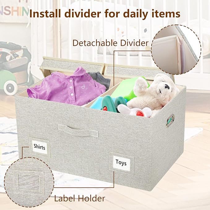 Graciadeco 75 Quarts Extra Large Decorative Storage Bins with Lids, 3 Packs Beige Collapsible Storage Bins with Lids, Stackab